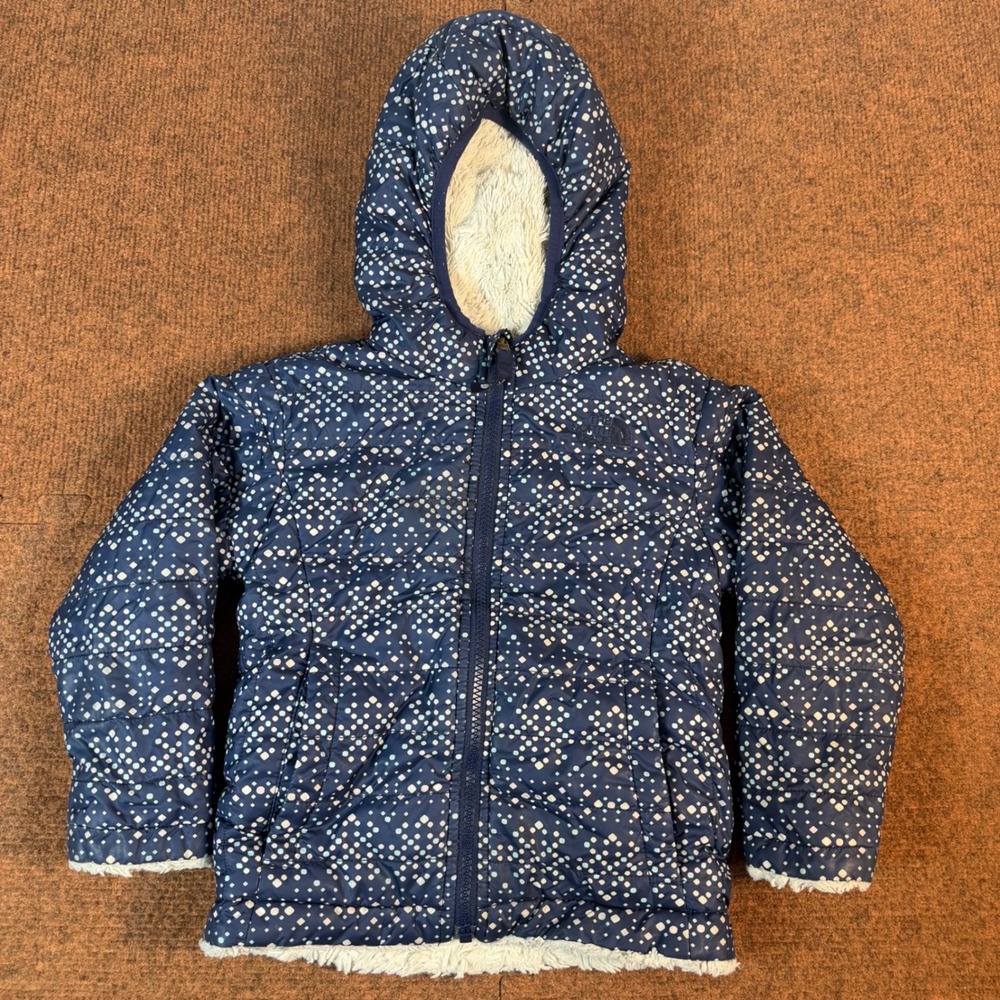 The North Face Toddler Hooded Puffer Jacket Navy Blue Dot Print Size 3T Fleece